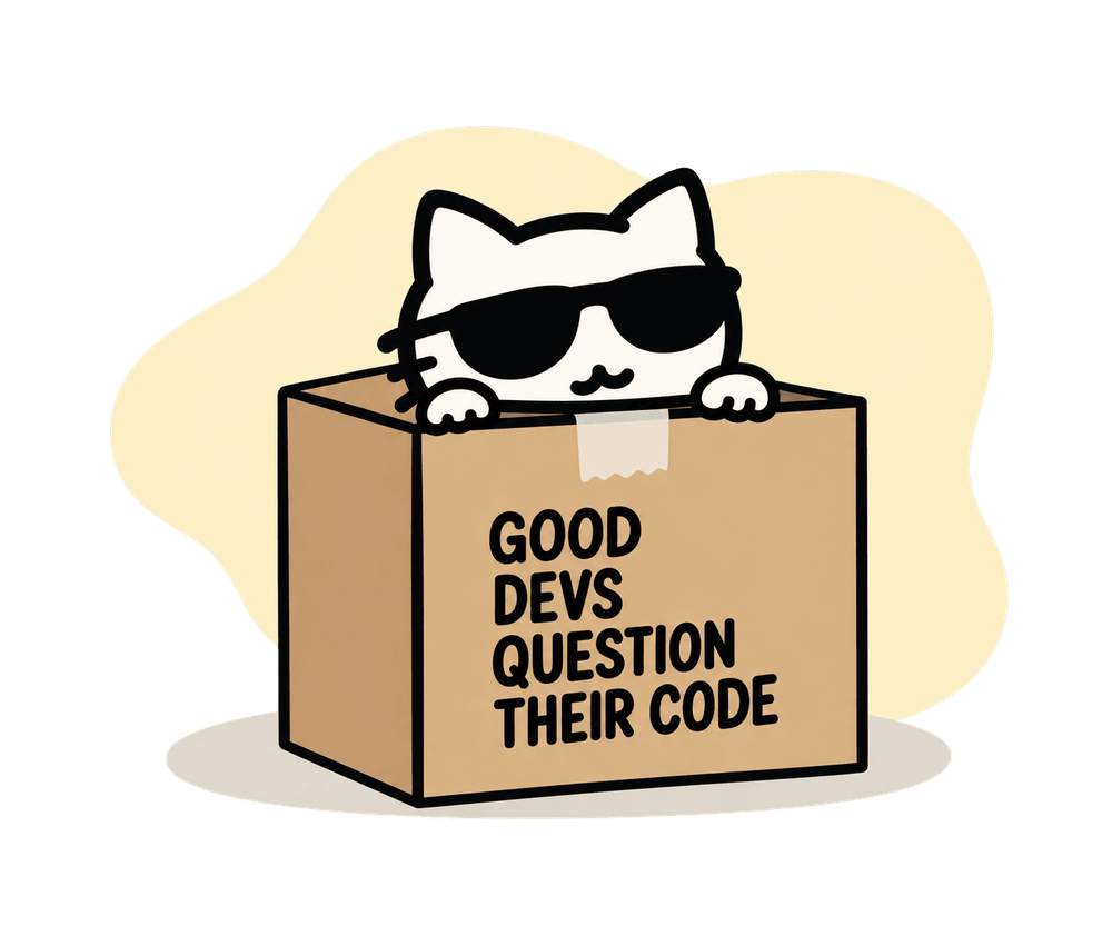 A cartoon cat wearing sunglasses peeking out of a cardboard box labeled 'Good devs question their code'